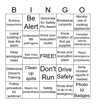 SAFETY FIRST Bingo Card