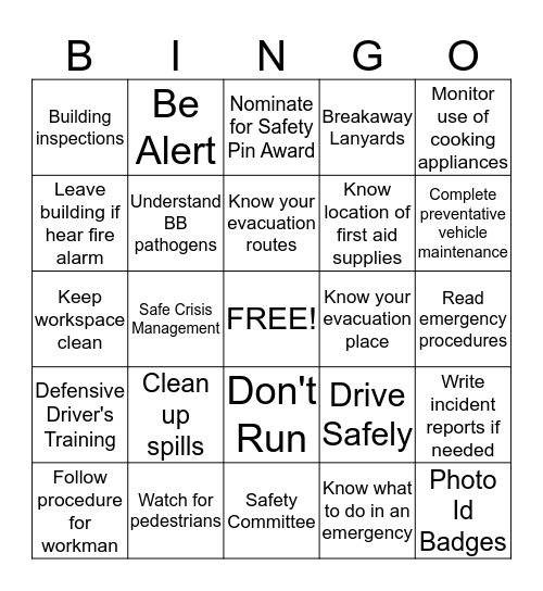 SAFETY FIRST Bingo Card