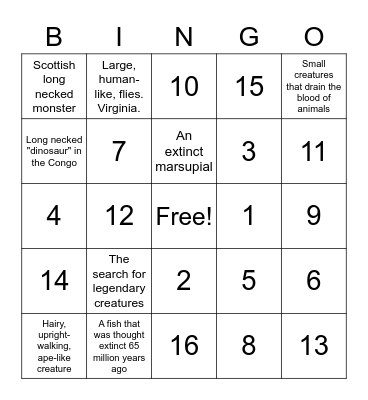 Cryptids Bingo Card