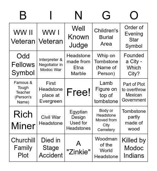 Evergreen Cemetery Bingo Card