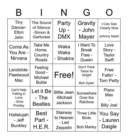 Musical Bingo Card