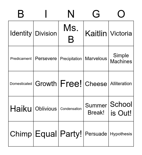 End of Year Bingo Card