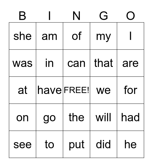 sight word bings Bingo Card