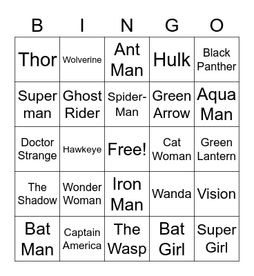 Super Hero Bingo Card