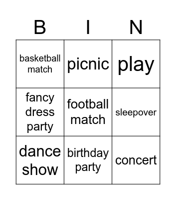 Events English Class A1+ Bingo Card