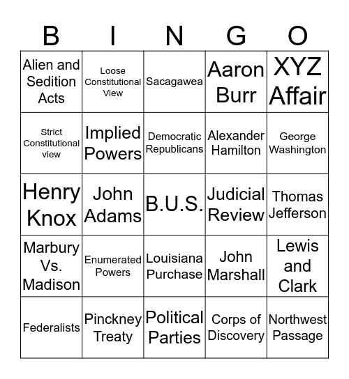 1st-3rd Presidents Bingo Card