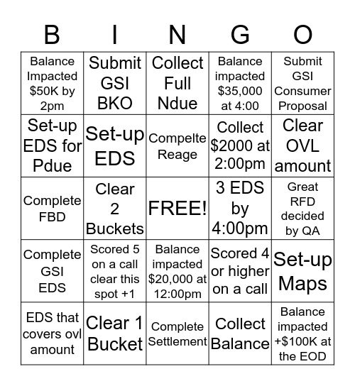 TEAM CHALLENGE 2/18/2015 Bingo Card
