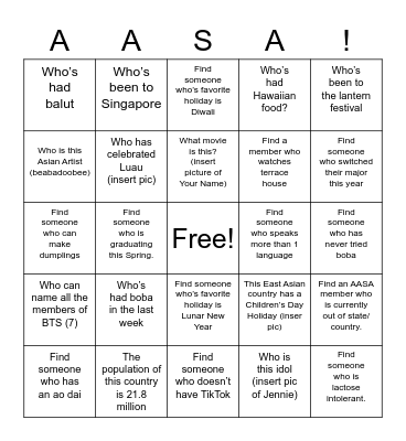 AASA Bingo Card