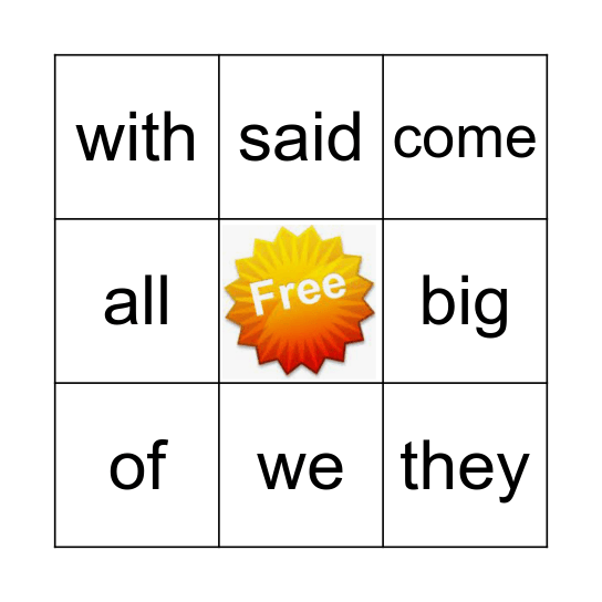 Sight Words- Orange Bingo Card