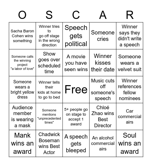 Cook Oscar Party 2021 Bingo Card