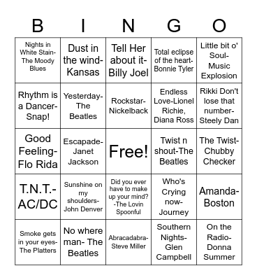 DD32 The Letter(s) ..songs that begin and end w the same LETTER! Bingo Card