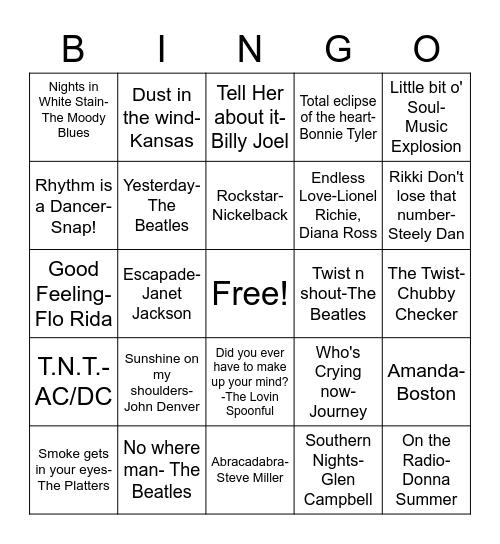 DD32 The Letter(s) ..songs that begin and end w the same LETTER! Bingo Card
