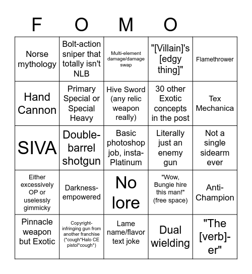 "Exotic Concept Bingo Card