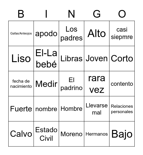 Spanish II Unit 1 Bingo Card