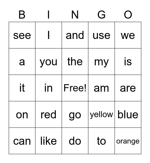 List 1 & 2 Bingo Card