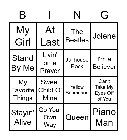 Oldies' Music Bing Bingo Card