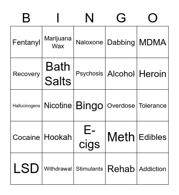Substance Use Bingo Card