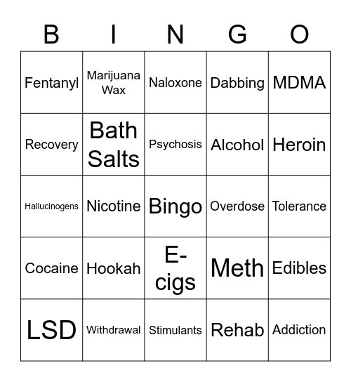 Substance Use Bingo Card