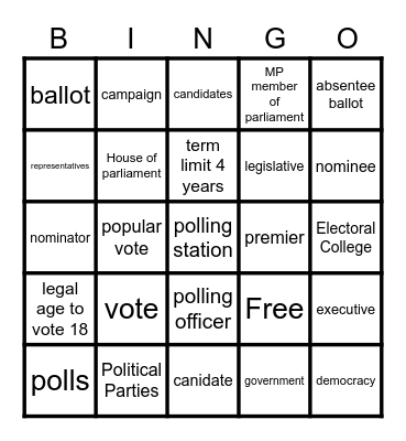 Election Vocabulary Bingo Card