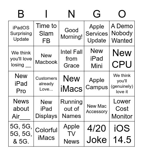 Apple April 2021 Bingo Card