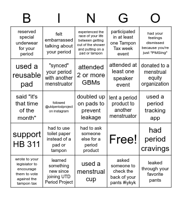 PERIOD PROJECT Bingo Card