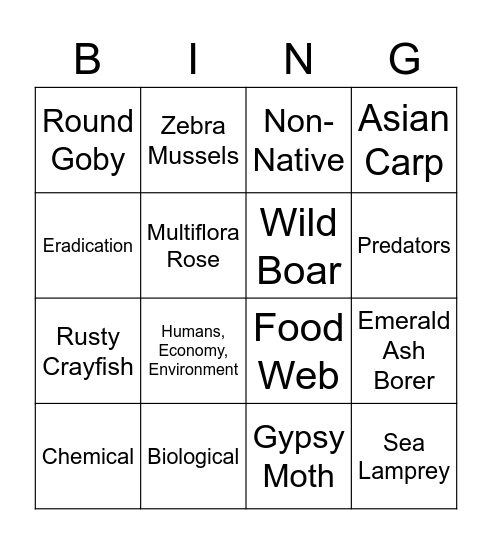 Invasive Species Bingo Card