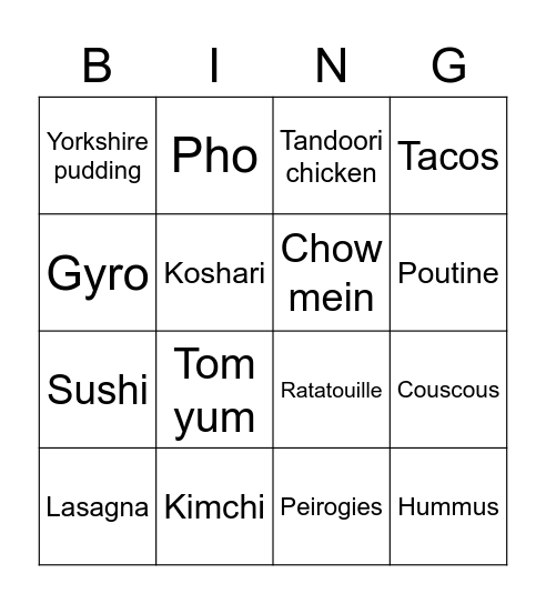 Food and country of origin Bingo Card