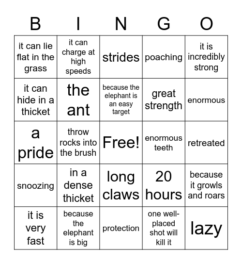 Lesson 73 BINGO Card