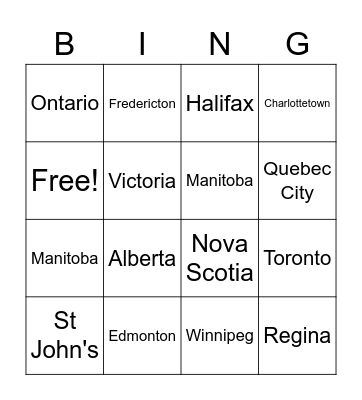 Terrific Thursday - Canadian Provinces and Capitals Bingo Card