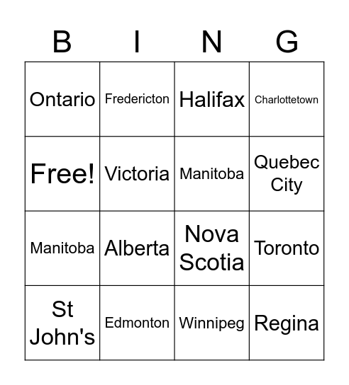 Terrific Thursday - Canadian Provinces and Capitals Bingo Card