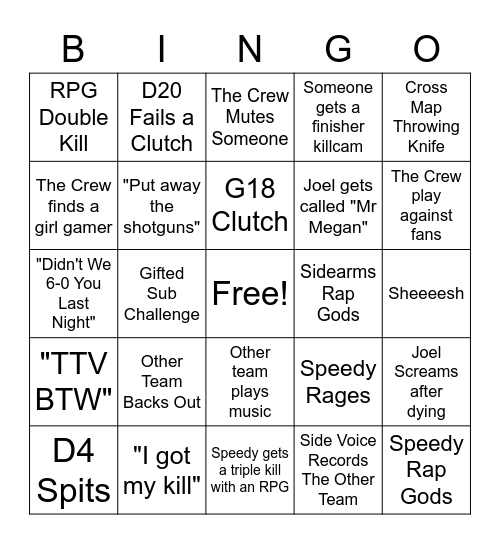 The Crew Cod Bingo Card