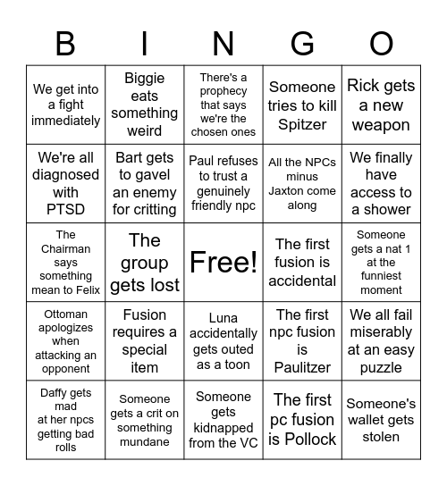 Fusion Dimension Session 1 Bingo Card