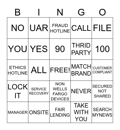 Branch Inspection Bingo Card