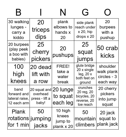 Baby Boot Camp Bingo Card