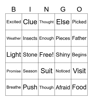 List 2 QRI Words Bingo Card