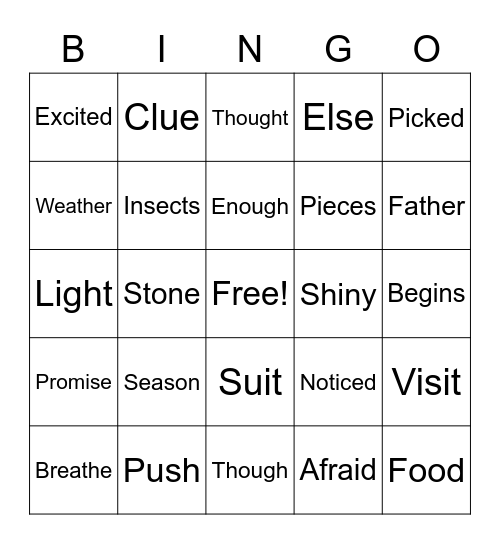 List 2 QRI Words Bingo Card