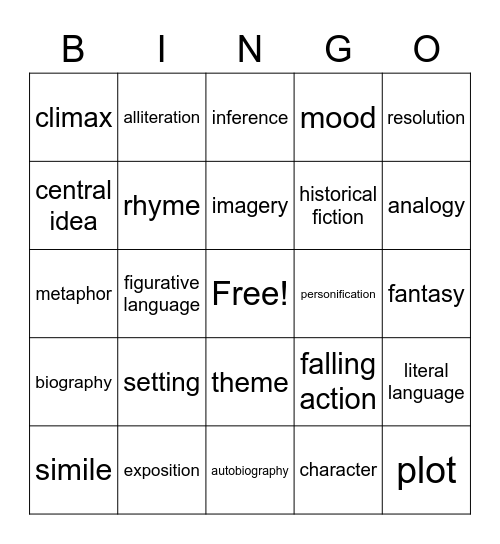 ELA Vocabulary Bingo Card