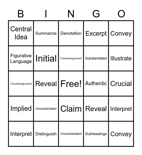 ELA Bingo Card