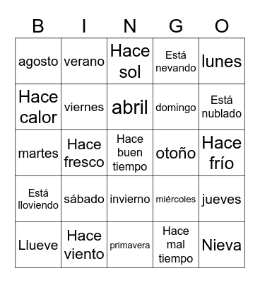 Días, meses, estaciones y tiempo Bingo Card