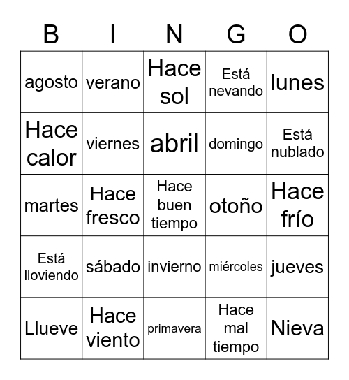 Días, meses, estaciones y tiempo Bingo Card