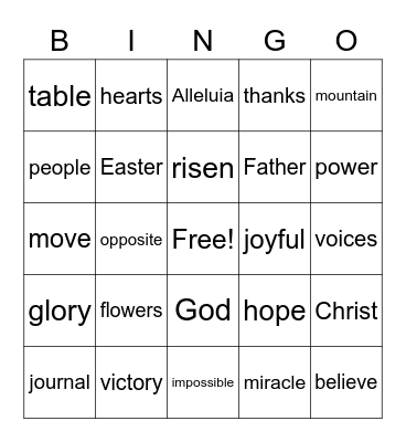 April 18 Worship Bingo  (Listen for words during worship and check them off when you hear them)  Just for fun - no prizes Bingo Card