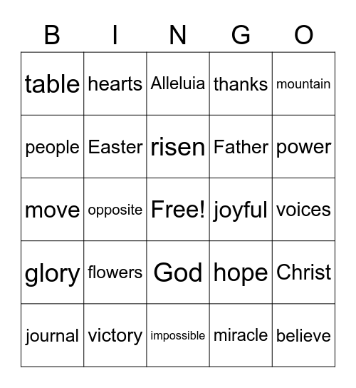 April 18 Worship Bingo  (Listen for words during worship and check them off when you hear them)  Just for fun - no prizes Bingo Card