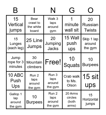 Fitness Bingo Card