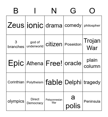 Ancient Greece - 6th Grade Review Bingo Card