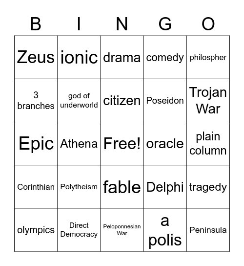 Ancient Greece - 6th Grade Review Bingo Card