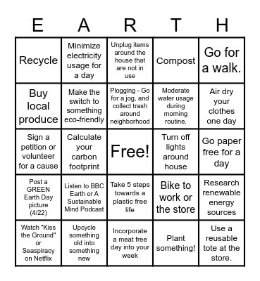 QA Fun Committee Earth Day Bingo Card