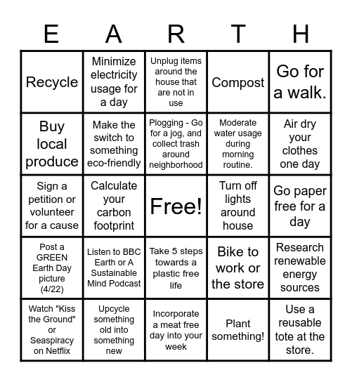 QA Fun Committee Earth Day Bingo Card