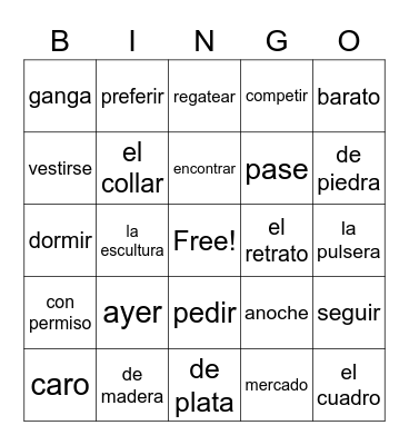 A2 3.2 Vocabulario y Preterito Bingo Card