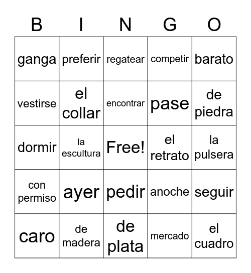 A2 3.2 Vocabulario y Preterito Bingo Card