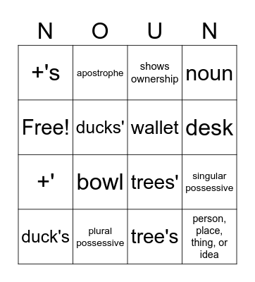 Possessive Practice Bingo Card